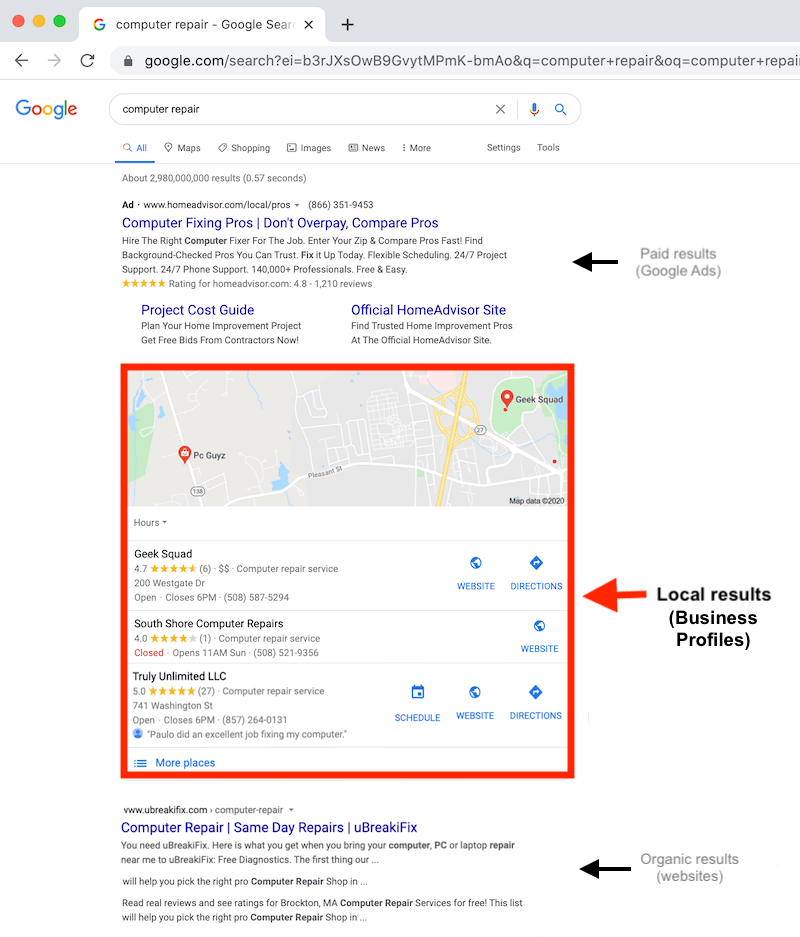 Perfis do Google Meu Negócio nos resultados de pesquisa do Google