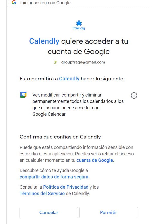 Permisos para usar Calendly