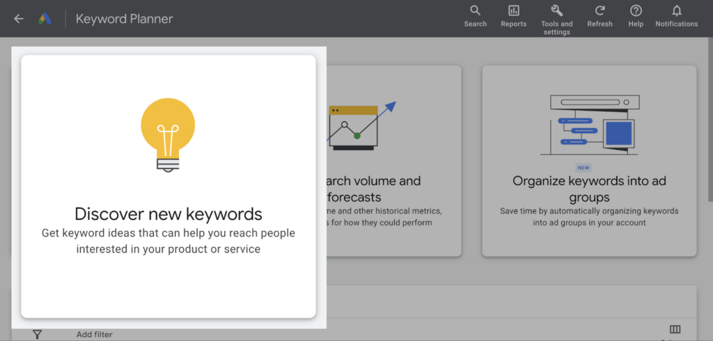 Sección: Descubrir nuevas palabras clave en el planificador de Google