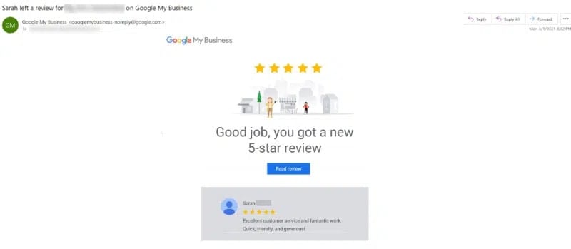 Correo de Google al recibir una reseña