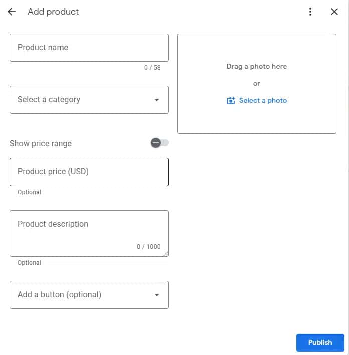 Panel de edición de productos google empresas