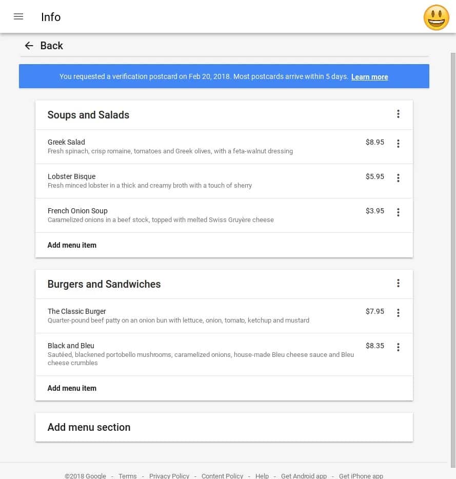 Paso 3: Editar menú de restaurante en Google My Business.