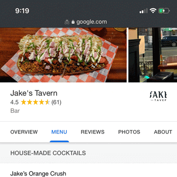 Vista de menú de un restaurant en Google