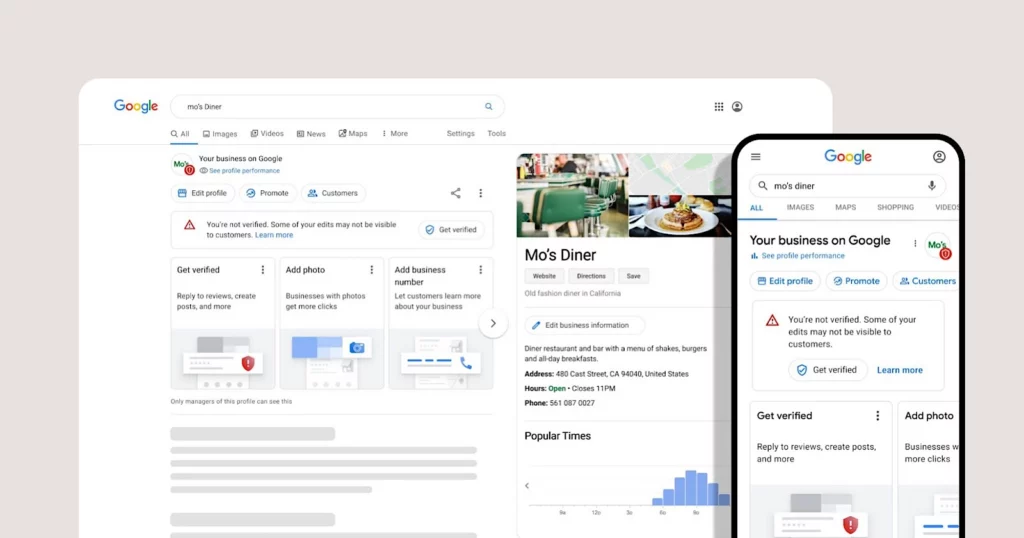 Interfaz de Google Business Profile en computadora y celular mostrando el perfil de "Mo’s Diner" sin verificar. Se destaca la opción de editar la información del negocio, como nombre, dirección, teléfono y categoría, junto a alertas que indican que los cambios no serán visibles hasta que se verifique el perfil. La imagen ilustra el proceso de edición y administración de la página de Google para negocios locales.