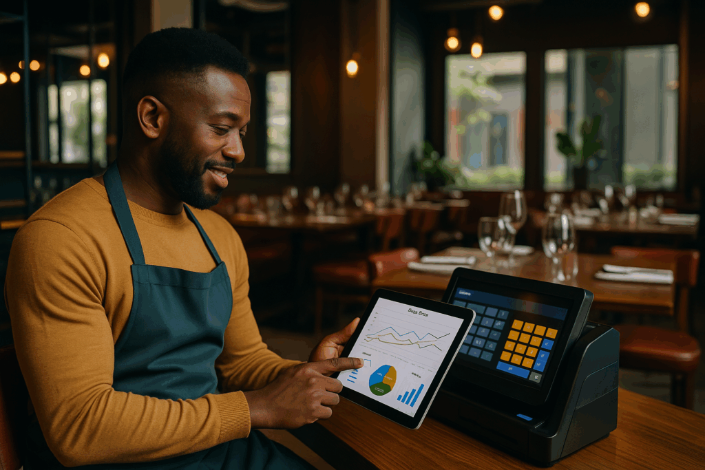 Restaurant owner reviewing sales and performance metrics on a tablet connected to a POS system.

