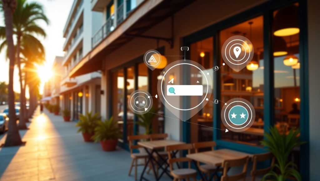 Modern restaurant storefront in Miami with digital search and review icons overlayed, representing AI-powered local SEO.