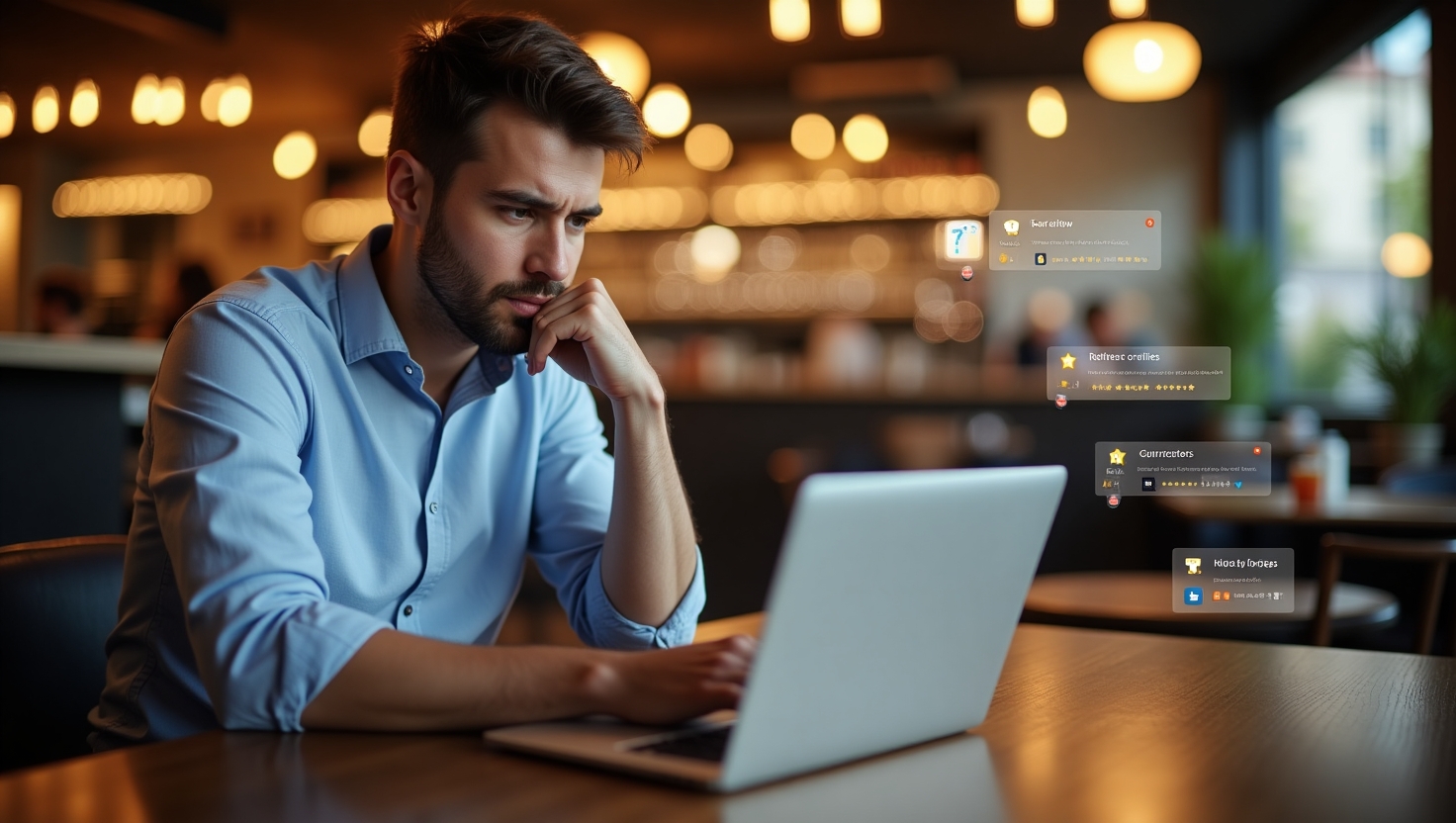 Restaurant manager analyzing customer reviews on a laptop in a modern dining space, with feedback icons representing service, food, and guest experience.