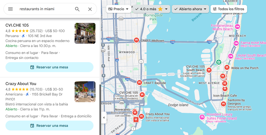 Screenshot of a Google Maps search for restaurants in Miami, showing local listings, ratings, and a city map with red location pins.
