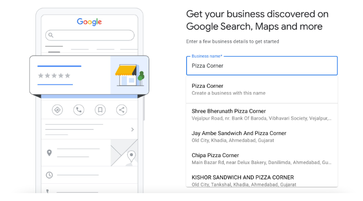 Pantalla de configuración de Google Business Profile mostrando una búsqueda de nombre comercial con sugerencias y vista previa móvil.