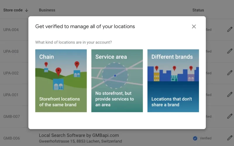 Google Business Profile bulk verification prompt with options for chain, service area, and different brands
