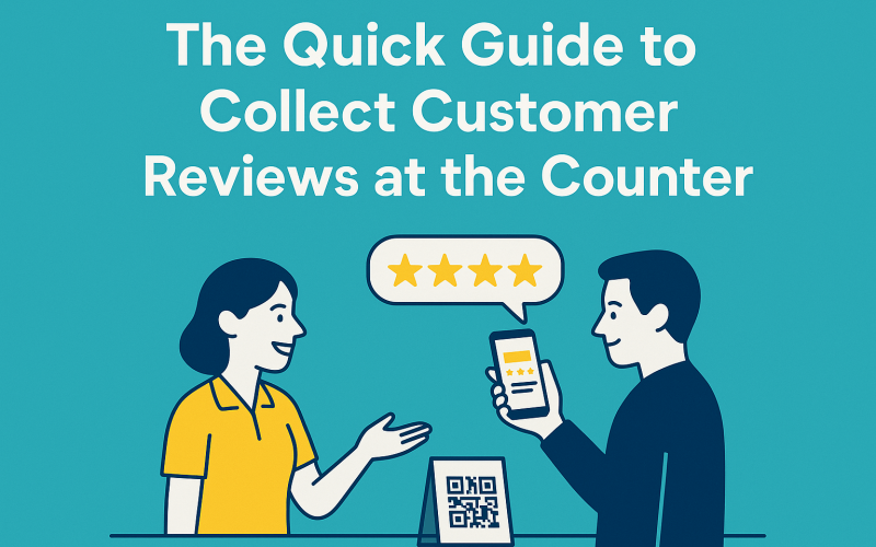 Employee and customer at a store counter using a QR code to leave a review, with a 4-star rating and article title.