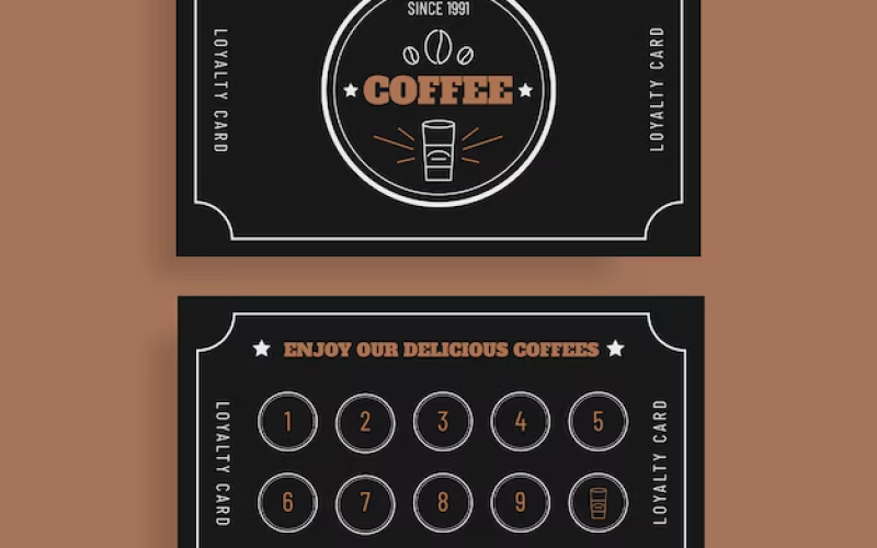 Tarjeta de fidelidad de cafetería negra con espacios para sellos de consumiciones