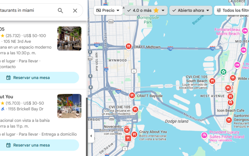 Screenshot of a Google Maps search for restaurants in Miami, showing local listings, ratings, and a city map with red location pins.