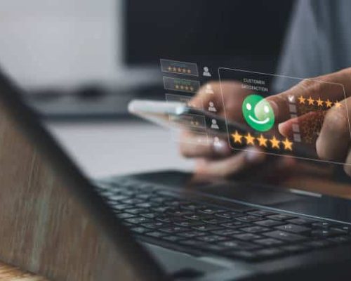 Customer review satisfaction feedback survey concept, User give rating to service experience on online application, Customer can evaluate quality of service leading to reputation ranking of business.