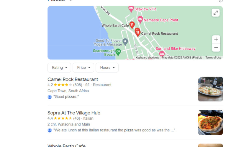 Google search results showing pizza restaurants on a map and list view